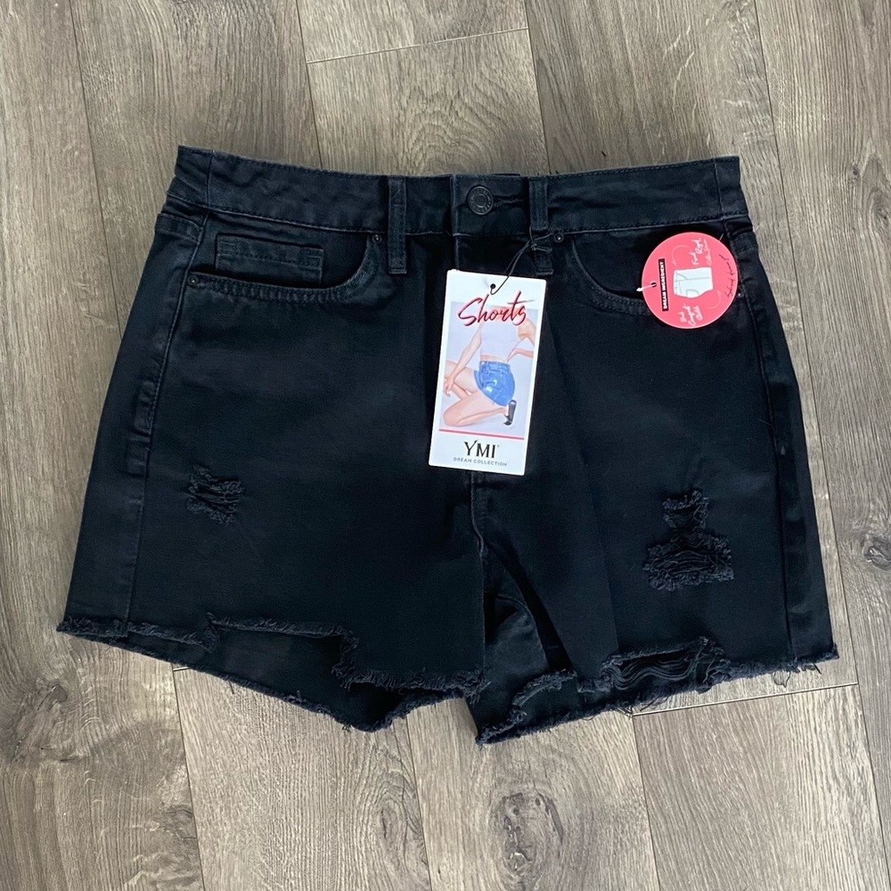 Distressed denim shorts